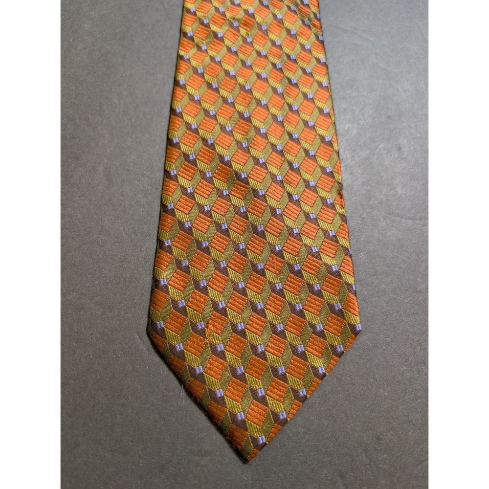 Barney's New York 100% Silk Tie Gold & Blue BrownGeometric - Made in‎ Italy 59"